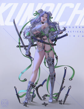 1girl asymmetrical_footwear black_panties boots breasts dagger double_bun fingerless_gloves full_body gloves green_eyes grey_gloves hair_bun high_heel_boots high_heels highres holding holding_dagger holding_knife holding_sword holding_weapon knife long_hair love_cacao open_mouth original panties purple_hair shadow solo standing strap sword underboob underwear uneven_footwear weapon