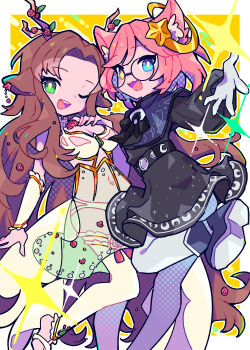 Rule 34 | 2girls, :3, :d, ;d, black-framed eyewear, black dress, blue boots, blue eyes, blush, boots, border, breasts, brown hair, cleavage, commentary request, commission, dress, feet out of frame, glasses, green eyes, heterochromia, highres, honoca6190, long hair, looking at viewer, medium breasts, multiple girls, navel, one eye closed, open mouth, original, outline, outside border, panties, pink hair, round eyewear, see-through clothes, see-through dress, short hair, skeb commission, sleeveless, sleeveless dress, smile, standing, thighhighs, underwear, white border, white dress, white outline, white panties, white thighhighs, yellow background, yellow eyes