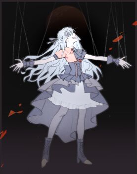 1girl :d ascot back_bow bang_dream! bang_dream!_it's_mygo!!!!! black_ascot black_background black_boots black_corset blue_hair boots bow closed_mouth corset eye_mask frilled_skirt frills full_body grey_mask grey_pantyhose high_heel_boots high_heels highres lace-up_boots legs_apart long_hair mask masked medium_skirt oblivionis_(bang_dream!) open_mouth outstretched_arms pantyhose pointy_boots puffy_short_sleeves puffy_sleeves puppet_strings reiboubyou short_sleeves showgirl_skirt skirt smile solo spread_arms standing sweatdrop togawa_sakiko two_side_up white_skirt wing_collar wrist_cuffs