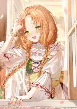 1girl :d arm_up atelier_(series) atelier_marie blush braid commentary_request day dress flower frilled_sleeves frills from_outside green_eyes hair_over_shoulder jewelry long_hair long_sleeves looking_at_viewer looking_outside official_art open_mouth open_window orange_hair petals pink_flower puffy_sleeves ring schea_donnerstag second-party_source smile solo sparkle twin_braids upper_body white_dress window y_o_u_k_a