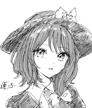 1girl black_capelet black_hat bow brown_hair capelet character_name collar greyscale hair_between_eyes hair_bow hat hat_bow highres kashiwada_kiiho looking_at_viewer monochrome necktie open_mouth shirt simple_background solo touhou translated usami_renko white_background white_bow white_collar white_shirt