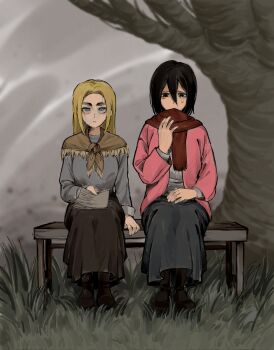 2girls bench black_eyes black_hair black_shoes blonde_hair bottle_1223 breasts brown_shawl brown_skirt cardigan crying facial_scar full_body grey_eyes grey_shirt grey_skirt hair_between_eyes highres holding holding_paper krista_lenz long_hair medium_breasts medium_hair mikasa_ackerman multiple_girls paper parted_bangs pink_cardigan red_scarf scar scar_on_cheek scar_on_face scarf shawl shingeki_no_kyojin shirt shoes sitting skirt tears tree under_tree white_shirt