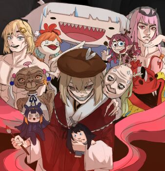 Rule 34 | 6+girls, absurdres, alien, animal ears, bald, bee movie, beret, bird, black background, blonde hair, blue eyes, blue hair, brown hair, cabbage patch kids, ceres fauna, chef hat, chicken, chicken little, deformed, e.t., evil smile, fins, fish tail, gawr gura, grey hair, hair intakes, hair ornament, hakos baelz, halo, hat, highres, holding, holding brush, hololive, hololive english, holomyth, horns, irys (hololive), jojo no kimyou na bouken, leeireo1, limiter (tsukumo sana), long hair, looking at viewer, mori calliope, mouse (animal), mouse ears, multiple girls, nanashi mumei, nanashi mumei's horror painting, nanashi mumei (new year), ninomae ina'nis, official alternate costume, orange hair, ouro kronii, parody, pink eyes, pink hair, portrait, purple hair, red shawl, shark tail, shawl, simple background, smile, tail, takanashi kiara, teeth, tentacle hair, tentacles, the fairly oddparents, tsukumo sana, twintails, virtual youtuber, watson amelia, white background, yellow eyes