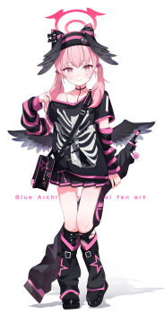 Rule 34 | 1girl, absurdres, alternate costume, arm warmers, bag, black hat, black shirt, black shoes, black skirt, black wings, blue archive, blush, bolt action, boots, character name, choker, closed mouth, collarbone, commentary, commentary request, detached sleeves, emo fashion, feathered wings, full body, gothic punk, gun, halo, hat, head wings, highres, holding, koharu (blue archive), leg warmers, long hair, long sleeves, looking at viewer, loose socks, low wings, off shoulder, p14 enfield, pink eyes, pink hair, pink halo, pleated skirt, red halo, rifle, shirt, shoes, short sleeves, shoulder bag, simple background, skirt, socks, solo, spice mega, standing, striped sleeves, twintails, weapon, white background, wings, y2k fashion