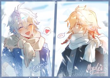 2boys :d ahoge braid closed_eyes closed_mouth commentary hashtag-only_commentary highres honkai:_star_rail honkai_(series) jacket looking_at_another multiple_boys mydei_(honkai:_star_rail) open_clothes open_jacket open_mouth phainon_(honkai:_star_rail) scarf smile split_screen white_hair white_scarf xianhualian