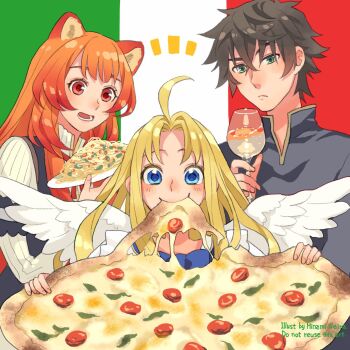 1boy 2girls ahoge animal_ears black_dress black_hair black_shirt blonde_hair blue_bow blue_eyes blush bow closed_mouth commentary_request cup dress drinking_glass eating feathered_wings filo_(tate_no_yuusha_no_nariagari) flag_background food green_background green_eyes highres holding holding_cup holding_food holding_pizza holding_plate italian_commentary italian_flag iwatani_naofumi long_hair long_sleeves looking_at_another looking_at_viewer minami_seira multiple_girls neck_ribbon notice_lines open_mouth orange_hair pasta pizza plate raccoon_ears raccoon_girl raphtalia red_background red_eyes red_ribbon ribbon shirt short_hair smile tate_no_yuusha_no_nariagari turtleneck turtleneck_dress turtleneck_shirt upper_body white_background white_dress white_wine wine wine_glass wings you're_doing_it_wrong