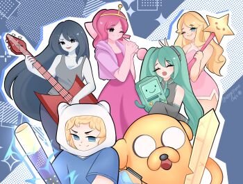 1boy adventure_time blonde_hair blue_hair bmo dog_boy dress finn_the_human fortnite furry furry_male hatsune_miku highres jake_the_dog marceline_abadeer multiple_girls pink_dress pink_hair princess_bonnibel_bubblegum sabrina_carpenter sleeveless usagipurincafe vocaloid