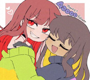 2girls :d adversarial_noise alternate_hair_length alternate_hairstyle bare_shoulders black_choker black_tank_top blonde_hair blue_sweater blunt_bangs blush border brown_hair chara_(undertale) cheek-to-cheek choker closed_eyes commentary_request crossed_bangs dot_nose frisk_(undertale) genderswap genderswap_(otf) green_sweater grin hair_between_eyes heads_together heart highres long_hair long_sleeves looking_at_viewer milestone_celebration mr0x0 multicolored_hair multiple_girls off-shoulder_sweater off_shoulder open_mouth outline outside_border pink_background pink_sweater red_eyes red_hair simple_background smile straight_hair strap_slip striped_clothes striped_sweater sweater tank_top turtleneck turtleneck_sweater two-tone_hair two-tone_sweater u_u undertale uneven_eyes upper_body utdr_(toby_fox) v-shaped_eyebrows white_border white_outline yellow_sweater