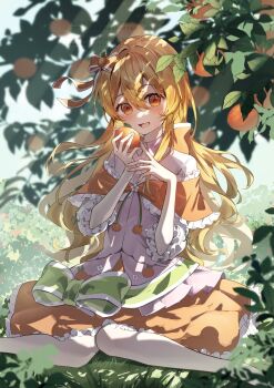 1girl :d blurry blurry_background blurry_foreground blush bow capelet collared_shirt commentary_request commission dappled_sunlight day depth_of_field double-parted_bangs feet_out_of_frame fingernails food food-themed_hair_ornament frilled_capelet frilled_sleeves frills fruit fruit_tree green_bow hair_between_eyes hair_bow hair_ornament hands_up head_tilt highres holding holding_food holding_fruit light_rays long_hair looking_at_viewer murumuru_(pixiv51689952) on_grass open_mouth orange_(fruit) orange_bow orange_capelet orange_eyes orange_hair orange_hair_ornament orange_skirt orange_tree original outdoors petticoat pink_shirt raised_eyebrows shirt sidelocks sitting skeb_commission skirt smile solo sunbeam sunlight three-quarter_sleeves tree very_long_hair wariza watermark
