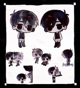 2boys antenna_hair black_eyes black_hair black_tank_top black_thighhighs chibi chibi_only closed_eyes closed_mouth colored_skin computer double-parted_bangs dual_persona hair_between_eyes hiding holding holding_hands holding_laptop laptop looking_at_another male_focus mewo multiple_boys omori omori_(omori) open_mouth rou_(h_s_sinrin) shattered_omori_(omori) shorts smile striped_clothes striped_shorts tank_top thighhighs tree vertical-striped_clothes vertical-striped_shorts white_shorts white_skin