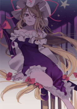 1girl absurdres blonde_hair breasts cleavage dress frills gap_(touhou) hair_ribbon hat highres large_breasts long_hair long_sleeves mob_cap nail_polish parted_lips pink_nails purple_dress purple_eyes ribbon shi_chimi sitting smile solo star_(symbol) thighs touhou very_long_hair yakumo_yukari