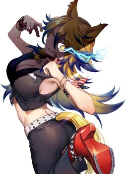 1girl animal_ears armband black_pants blonde_hair blue_hair boots bracelet breasts cleavage commentary_request commission cropped_jacket gold_bracelet high_heel_boots high_heels highres horse_ears horse_girl horse_tail horseshoe jewelry large_breasts long_hair multicolored_hair obey_your_master_(umamusume) one_eye_closed pants red_boots sekiyu_inu simple_background skeb_commission solo star-shaped_pupils star_(symbol) symbol-shaped_pupils tail two-tone_hair umamusume umamusume:_cinderella_gray white_background yellow_nails
