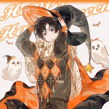 1boy bishounen black_cape black_eyes black_hair black_hat blush bow brown_pants brown_sweater buttons cape character_request closed_mouth copyright_request cowboy_shot fingernails ghost halloween halloween_costume hand_on_own_hat happy_halloween hat highres light_smile long_sleeves looking_at_viewer male_focus niangjuan pants parted_bangs pink_bow scarf short_hair smile solo square standing sweater tassel two-sided_cape two-sided_fabric witch_hat