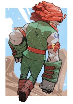 Rule 34 | 1boy, amarant coral, aquiline nose, arm belt, beard, belt, belt buckle, boots, border, brown belt, brown boots, buckle, closed mouth, cloud, covered eyes, desert, detached sleeves, e-kaki, earrings, facial hair, final fantasy, final fantasy ix, frown, full body, green pants, green shirt, hair over eyes, highres, hoop earrings, jewelry, male focus, nose, outdoors, outside border, pants, plateau, red hair, shirt, sky, sleeveless, sleeveless shirt, solo, walking, white border