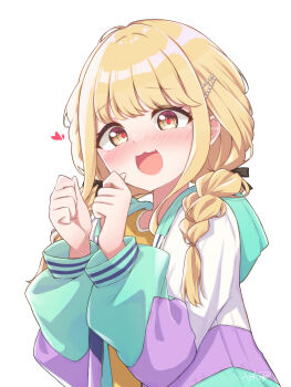 1girl :3 absurdres blonde_hair blush braid brown_ribbon commentary_request fujita_kotone gakuen_idolmaster hair_ribbon heart heart-shaped_pupils highres idolmaster jacket long_sleeves multicolored_jacket nose_blush ribbon shirt simple_background smile solo symbol-shaped_pupils twin_braids upper_body white_background yasaka_(astray_l) yellow_eyes yellow_shirt