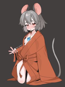 Rule 34 | 1girl, alternate costume, animal ears, black background, blush, breasts, collarbone, come hither, grey hair, highres, kepona, kneeling, mouse ears, mouse tail, nazrin, necklace in mouth, red eyes, red ribbon, red robe, ribbon, robe, short hair, small breasts, solo, tail, touhou, undressing