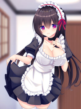 1girl absurdres apron black_choker black_dress black_hair blurry blurry_background breasts ceiling choker cleavage closed_mouth clothes_lift commentary_request door dress dress_lift hair_between_eyes highres indoors large_breasts long_hair looking_at_viewer maid maid_apron maid_headdress original purple_eyes shitou_kazuaki smile solo standing thighhighs variant_set very_long_hair white_apron white_thighhighs window