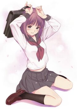 1girl absurdres arms_up bag black_skirt black_socks blue_eyes blush briefcase brown_shoes female_focus full_body head_tilt highres holding holding_bag kneehighs koutaro loafers long_sleeves midriff neckerchief original parted_lips petals pleated_skirt purple_hair scan school_briefcase school_uniform serafuku shirt shoes simple_background sitting skirt smile socks solo wariza white_background white_shirt