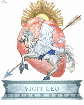 Rule 34 | 1boy, arca9 ex, capelet, cassock, christianity, clerical collar, cross, dirty footwear, grey hair, hat, heart, heart (organ), highres, horseback riding, latin text, long sleeves, monstrance, old, old man, original, pope, pope leo xiv, riding, saddle, short hair, skullcap, smile, symbolism, white hat, white horse, zucchetto
