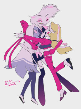 1boy 2girls :d ^_^ absurdres angel_dust black_boots black_bow black_bowtie black_nails black_shoes black_skirt black_thighhighs blonde_hair boots bow bowtie charlie_morningstar circle_facial_mark closed_eyes colored_sclera colored_skin colored_tips commentary_request elbow_gloves extra_arms eyeshadow facing_another fewer_digits frilled_sleeves frills full_body furry furry_male gloves grey_background grey_gloves grey_hair grey_skin grin hair_bow hazbin_hotel hellaverse high_heel_boots high_heels highres hug jacket layered_sleeves long_hair long_sleeves looking_at_another low-tied_long_hair makeup menma_(enaic31) miniskirt multicolored_hair multiple_girls nail_polish open_mouth pants pencil_skirt pink_bow pink_eyeshadow pink_gloves pink_jacket pink_pants pink_sclera pink_shirt profile sharp_teeth shirt shoes short_sleeves signature simple_background skirt smile standing standing_on_one_leg streaked_hair teeth thigh_boots thighhighs traditional_bowtie translation_request two-tone_hair vaggie very_long_hair white_eyes white_fur white_hair white_shirt white_shoes white_skin