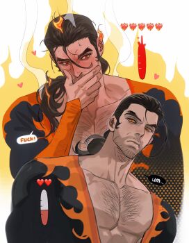 Rule 34 | 1boy, absurdres, arm up, bare pectorals, black hair, blue octopus12, blush, bodysuit, collarbone, covering own mouth, dispatch, fire, flambae (dispatch), forked eyebrows, highres, long hair, long sleeves, male focus, multiple views, muscular, muscular male, pectorals, ponytail, red eyes, sideburns, speech bubble, sweat, white background