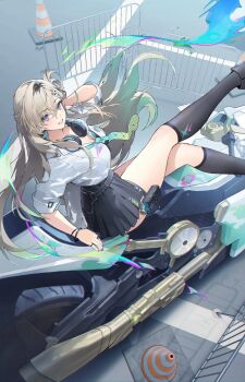 1girl aqua_necktie black_skirt black_socks blonde_hair breasts cleavage commentary earrings from_above from_side hair_ornament hand_up headphones headphones_around_neck highres hy_(hem_oo) jewelry long_hair looking_at_viewer looking_to_the_side lynae_(wuthering_waves) medium_breasts motor_vehicle motorcycle necktie on_motorcycle parted_lips shirt shirt_tucked_in skirt skull_hair_ornament smile socks solo star_(symbol) star_earrings symbol-only_commentary thighs white_shirt wuthering_waves