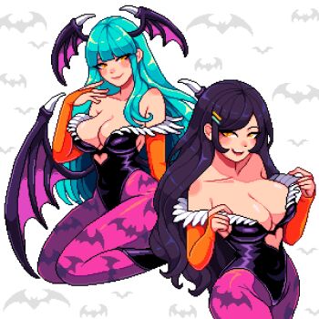 2girls animal_print bare_shoulders bat_print black_hair breasts cleavage closed_mouth commentary cosplay darkstalkers english_commentary head_wings highleg highleg_leotard highres large_breasts leotard long_hair looking_at_viewer morrigan_aensland morrigan_aensland_(cosplay) multiple_girls netsu_kazegawa pantyhose pixel_art print_pantyhose purple_pantyhose simple_background smile white_background wings yellow_eyes yumykon yumyverse