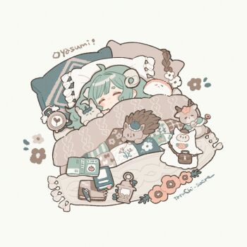 1girl alarm_clock animal artist_name blanket blush book brown_flower chibi clock closed_eyes closed_mouth dot_mouth flower green_hair hedgehog original pen pillow pink_flower sleeping solo square stuffed_animal stuffed_toy taruchi_sucre white_background