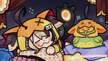 1girl :3 =_= ahoge bird brown_hair chibi closed_eyes commentary curtains english_commentary gigi_murin gigi_murin_(1st_costume) gigi_murin_(artist) hair_through_hood holojustice hololive hololive_english hood hooded_shrug hoodie lying multicolored_hair on_bed on_stomach orange_hood orange_hoodie orange_shrug pillow popo_(gigi_murin) self-portrait short_hair shrug_(clothing) sleeping solo twintails two-tone_hair virtual_youtuber zipper