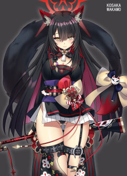 1girl absurdres animal_ear_fluff animal_ears arisaka black_hair black_kimono black_panties blue_archive bolt_action bow character_name colored_inner_hair commentary_request eyeshadow floral_print_sleeves fox_ears fox_girl fox_mask fox_tail gluteal_fold gun halo highres holding holding_gun holding_weapon japanese_clothes kimono long_hair looking_at_viewer makeup mask multicolored_hair panties pantyshot red_eyeshadow red_halo rifle side_slit skirt smile sogegin solo tail tail_bow tail_ornament thighhighs torn_clothes torn_thighhighs underwear wakamo_(blue_archive) weapon white_skirt yellow_eyes