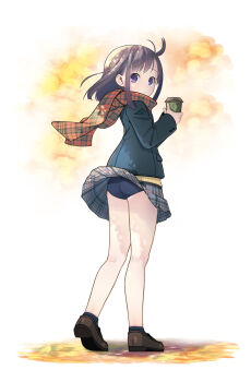 1girl ahoge ass autumn autumn_leaves black_buruma black_jacket brown_hair brown_shoes buruma cup from_behind full_body grey_skirt highres holding holding_cup jacket leaf loafers loli long_sleeves looking_back original plaid_clothes plaid_scarf plaid_skirt pop_(electromagneticwave) purple_eyes red_scarf scarf school_uniform shoes short_hair sidelocks skirt socks solo standing striped_clothes striped_socks sweater_vest underwear wind wind_lift yellow_sweater_vest