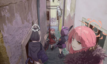 Rule 34 | 4girls, alley, aru (blue archive), backpack, backpack on one shoulder, bag, black boots, black hair, black hoodie, black horns, black jacket, black skirt, blue archive, boots, brown horns, building, commentary request, condenser unit, demon horns, demon wings, desuyone0502, fabarm fp6, fur trim, garrison cap, grey halo, gun, gun on back, h&amp;k mg5, halo, haruka (blue archive), hat, highres, holding, holding bag, hood, hoodie, horns, jacket, kayoko (blue archive), long hair, low horns, low wings, machine gun, multicolored hair, multiple girls, mutsuki (blue archive), orange halo, outdoors, parted lips, pink hair, ponytail, problem solver 68 (blue archive), pump action, purple hair, purple halo, red halo, red skirt, short hair, shotgun, side ponytail, single wing, skirt, smile, two-tone hair, urban, weapon, weapon on back, white hair, window, wings, yellow eyes