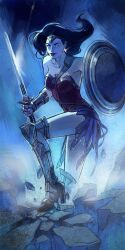 Rule 34 | 1girl, absurdres, armor, armored legwear, blue theme, circlet, commentary, dc comics, earrings, english commentary, floating hair, glint, high heels, highres, holding, holding shield, holding sword, holding weapon, huangdanlan, jewelry, long hair, pebble, red lips, shield, smile, solo, sword, weapon, wonder woman, wonder woman (series)
