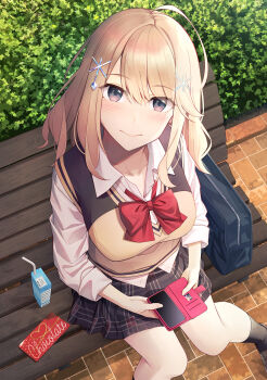 Rule 34 | 1girl, ankle socks, bag, bench, black shoes, black skirt, black socks, black sweater vest, blonde hair, blue bag, blue hair, blush, bow, bowtie, breasts, brick floor, candy, cellphone, chocolate, chocolate bar, closed mouth, commentary request, dress shirt, drink carton, drinking straw, facing up, food, from above, hair ornament, heart, highres, holding, holding phone, ike touka, large breasts, loafers, long sleeves, looking at viewer, looking up, medium hair, milk carton, on bench, outdoors, park bench, phone, plaid clothes, plaid skirt, plant, pleated skirt, red bow, red bowtie, school bag, school uniform, shirt, shoes, sitting, skirt, sleeves rolled up, smartphone, smartphone case, socks, solo, sweater vest, swept bangs, thighs, tile floor, tiles, two-tone sweater vest, umihotaru harumare, v-neck, white shirt, yellow sweater vest, yuujin chara no ore ga motemakuru wakenaidaro?, zipper