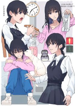 1girl absurdres acf_cfcf analog_clock belt black_belt black_dress black_eyes black_hair black_ribbon blue_pants bread bread_slice breasts cat chainsaw_man chair clenched_teeth clock closed_eyes coffee_mug commentary crossed_arms cup dress dress_shirt eating eyelashes food fourth_east_high_school_uniform from_side hair_between_eyes hand_up highres holding holding_food holding_shoes holding_unworn_clothes knees_to_chest knees_together_feet_apart knees_up long_bangs long_hair long_sleeves looking_at_viewer low_ponytail mitaka_asa mug neck_ribbon on_chair open_mouth pants parted_lips pedestrian_lights pinafore_dress pleated_dress ponytail purple_shirt ribbon school_uniform shirt shoes sitting sleeveless sleeveless_dress small_breasts sneakers steam straight-on straight_hair sweatdrop teeth toast translation_request unworn_shoes variations war_devil_(chainsaw_man) white_cat white_footwear white_shirt