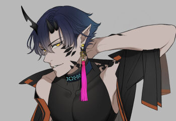 Rule 34 | 1boy, ark1478, arknights, arm behind head, bishounen, black shirt, blue hair, commentary request, demon boy, demon horns, earrings, flamebringer (arknights), grey background, highres, horns, infection monitor (arknights), jacket, jewelry, looking at viewer, male focus, material growth, orange eyes, oripathy lesion (arknights), parted lips, pointy ears, shirt, short hair, simple background, sleeveless, smile, solo, tassel, toned, toned male, upper body, yellow eyes