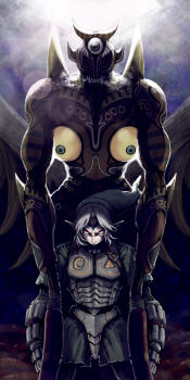 Rule 34 | 1boy, absurdres, armor, breastplate, breath, facepaint, fierce deity, giant, grey hair, gus uur, highres, majora's wrath, majora (entity), monster, nintendo, phrygian cap, pointy ears, shoulder spikes, spikes, the legend of zelda, the legend of zelda: majora's mask, third eye, tunic, tusks