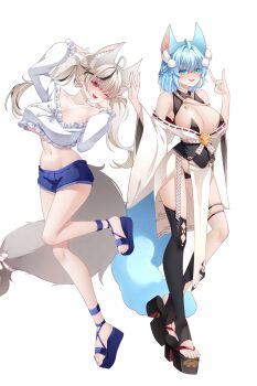 2girls absurdres animal_ears arm_up armpits bare_shoulders black_thighhighs blue_eyes blue_hair blue_shorts breasts buyange cleavage collarbone commission crop_top crop_top_overhang extra_ears fox_ears fox_girl fox_tail frilled_shirt frills hand_up highres large_breasts leg_up long_hair long_sleeves looking_at_viewer midriff multicolored_hair multiple_girls navel off_shoulder open_mouth original pelvic_curtain platform_sandals red_eyes revealing_clothes sandals shirt short_shorts shorts simple_background smile stomach streaked_hair tail thighhighs thighs twintails underboob white_background white_hair white_shirt