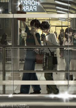 3boys 4girls absurdres arm_up bag black_hair brown_hair clothes_around_waist commentary_request denim drinking glasses highres holding holding_phone jeans male_focus mi_(pic52pic) multiple_boys multiple_girls original pants phone reflection selfie shirt shopping_bag short_hair short_sleeves striped_clothes striped_shirt taking_picture v white_shirt