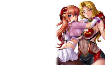 Rule 34 | 2girls, alicia viewstream, ass, black legwear, blonde hair, blush, breast press, breasts, curvy, female focus, gloves, hair ornament, happy, hug, jewelry, kagami hirotaka, kangoku senkan, kangoku senkan 2, large breasts, lilith-soft, looking at viewer, looking back, maya cordelia, multiple girls, no bra, orange hair, pantyhose, princess, purple eyes, red eyes, see-through clothes, shiny clothes, sideboob, simple background, skin tight, skirt, smile, sweat, taimanin (series), taimanin asagi kessen arena, thighs, thong, tiara