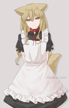 1boy animal_ears apron arms_behind_back artist_name blonde_hair cat_ears cat_tail chinese_commentary collar commentary crossdressing crossdressing_(mtf) english_commentary frills hair_between_eyes highres korean_commentary looking_at_viewer maid male_maid mixed-language_commentary original red_collar solo sorami_rem tail trap yellow_eyes