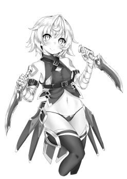 1girl arm_belt bandaged_arm bandages bare_shoulders belt black_panties black_thighhighs breasts chest_belt commentary_request dagger facial_scar fate/apocrypha fate/grand_order fate_(series) greyscale highres holding holding_dagger holding_knife holding_weapon jack_the_ripper_(fate/apocrypha) knife lowleg lowleg_panties maria_the_ripper monochrome navel panties scar scar_across_eye scar_on_cheek scar_on_face short_hair shoulder_tattoo small_breasts smile solo tattoo thighhighs underwear weapon white_hair z-jun.dd-zhong