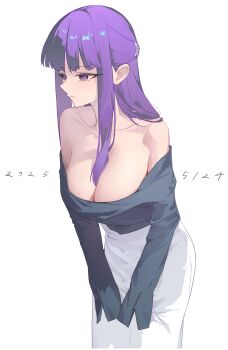 1girl absurdres black_sweater breasts chinese_commentary cleavage commentary_request fern_(sousou_no_frieren) guantoumao-0 highres large_breasts long_hair off-shoulder_sweater off_shoulder purple_eyes purple_hair simple_background skirt solo sousou_no_frieren sweater very_long_hair white_background white_skirt