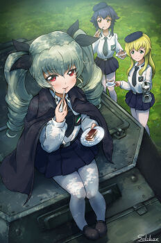 10s 3girls anchovy_(girls_und_panzer) artist_name bad_id bad_pixiv_id belt beret black_hair black_skirt blonde_hair blush bow braid brown_eyes cape carpaccio_(girls_und_panzer) carro_armato_p40 coffee coffee_pot commentary cup dress_shirt drill_hair eating english_text fork from_above girls_und_panzer grass green_eyes green_hair hair_bow hair_ribbon hat highres holding loafers long_hair long_sleeves looking_at_another looking_at_viewer looking_up military military_vehicle miniskirt motor_vehicle multiple_girls necktie outdoors pantyhose pepperoni_(girls_und_panzer) plate pleated_skirt red_eyes ribbon saucer school_uniform shadow shirt shoes sitting skirt smile solokov_(okb-999) spoon standing tank teacup twin_drills twintails vehicle white_legwear yellow_eyes