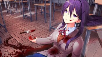 1girl arms_at_sides bags_under_eyes blazer blood blood_on_body blood_on_clothes blood_on_face blood_on_ground blood_on_hands blood_splatter blood_stain blood_trail bloody_knife blue_skirt breasts brown_jacket brown_sweater_vest button_gap buttons chair classroom collared_shirt corpse day death desk doki_doki_literature_club doki_doki_literature_club_school_uniform dot_nose double-parted_bangs dress_shirt empty_eyes eyebrows_hidden_by_hair fallen_down fingernails game_cg grey_jacket hair_between_eyes hair_intakes hair_ornament hairclip half-closed_eyes highres horror_(theme) impossible_clothes indoors injury jacket knife large_breasts leaning_back leaning_on_object light_smile long_eyelashes long_hair long_sidelocks long_sleeves neck_ribbon non-web_source official_art on_floor open_hands parted_lips pleated_skirt pool_of_blood purple_eyes purple_hair raised_inner_eyebrows red_ribbon ribbon satchely school school_desk school_uniform self-harm shirt sidelocks sitting skirt smile solo spoilers stab suicide sunlight sweater_vest teeth thick_eyelashes upper_body variant_set very_long_hair window_shadow wing_collar wooden_chair wooden_desk wooden_floor yuri_(doki_doki_literature_club)