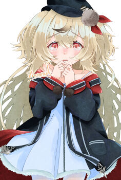 1girl absurdres azur_lane black_hair black_hat black_jacket black_streaks blonde_hair blush dress hands_up hat highres jacket multicolored_hair pantyhose parted_lips peaked_cap red_eyes shiranuinuiko short_dress signature simple_background solo streaked_hair tearing_up white_background white_dress white_pantyhose z9_(azur_lane)