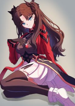 10hiro27 1girl absurdres alternate_breast_size_(larger) black_gloves black_hair black_shirt black_thighhighs blue_eyes breasts commentary_request earrings fate/stay_night fate_(series) gloves highres honkai:_star_rail honkai_(series) jacket jewelry large_breasts long_hair looking_at_viewer red_jacket shirt shoes simple_background skirt smile solo thighhighs tohsaka_rin tohsaka_rin_(honkai:_star_rail) twintails very_long_hair white_shoes white_skirt