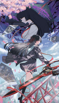 Rule 34 | 1girl, absurdres, artist logo, black choker, black hair, black jacket, black shoes, black skirt, chisa (wuthering waves), choker, commentary, glass shards, hair ribbon, highres, holding, holding sword, holding weapon, jacket, logo, long hair, looking at viewer, looking to the side, official art inset, parted lips, pink petals, puddlemud, red eyes, red ribbon, ribbon, sailor collar, shoes, skirt, sword, thigh strap, weapon, white sailor collar, wuthering waves