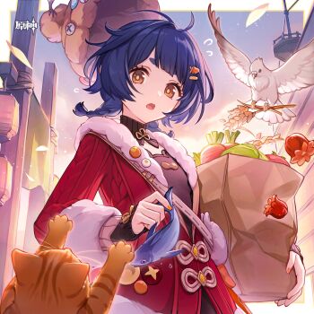 1girl absurdres bag bird black_hair brown_bag brown_hat cabbage carrot cat chinese_commentary commentary_request fur-trimmed_jacket fur-trimmed_sleeves fur_trim genshin_impact grocery_bag hat highres holding holding_bag jacket long_sleeves looking_at_viewer official_alternate_costume official_art open_mouth red_jacket shopping_bag solo wheat white_bird xiangling_(genshin_impact) xiangling_(new_year&#039;s_cheer)_(genshin_impact) yellow_eyes