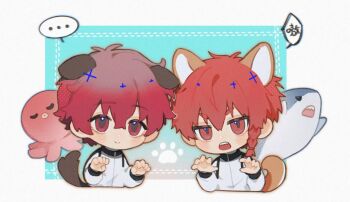 Rule 34 | ..., 2boys, alexis ness, animal ears, blue lock, blush, braid, chibi, chibi only, claw pose, commentary request, dog boy, dog ears, dog tail, jacket, kurona ranze, male focus, multiple boys, pcal pcal, red eyes, red hair, shark, sharp teeth, short hair, side braid, single braid, smile, spoken ellipsis, tail, teeth, white jacket